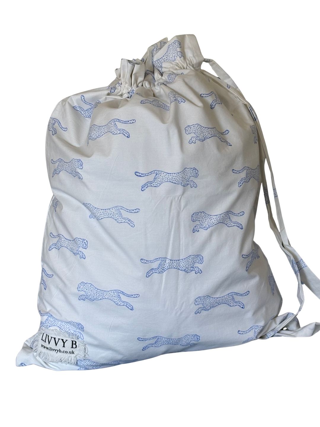 An off-white drawstring storage bag with a repeating blue cheetah print and a small sewn label at the bottom left that reads 'UNIVY B'.