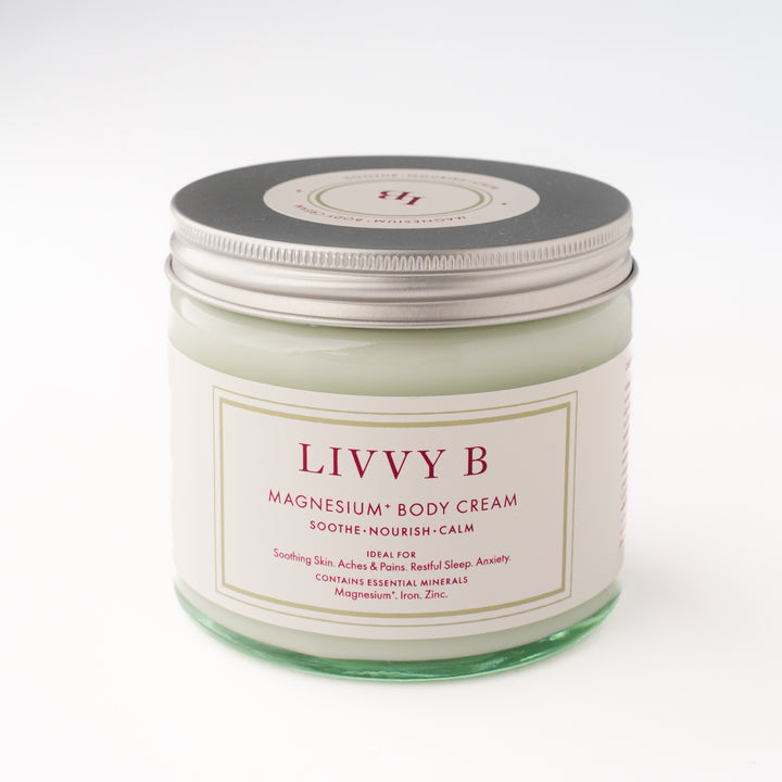 Jar of Livvy B magnesium body cream on a white background