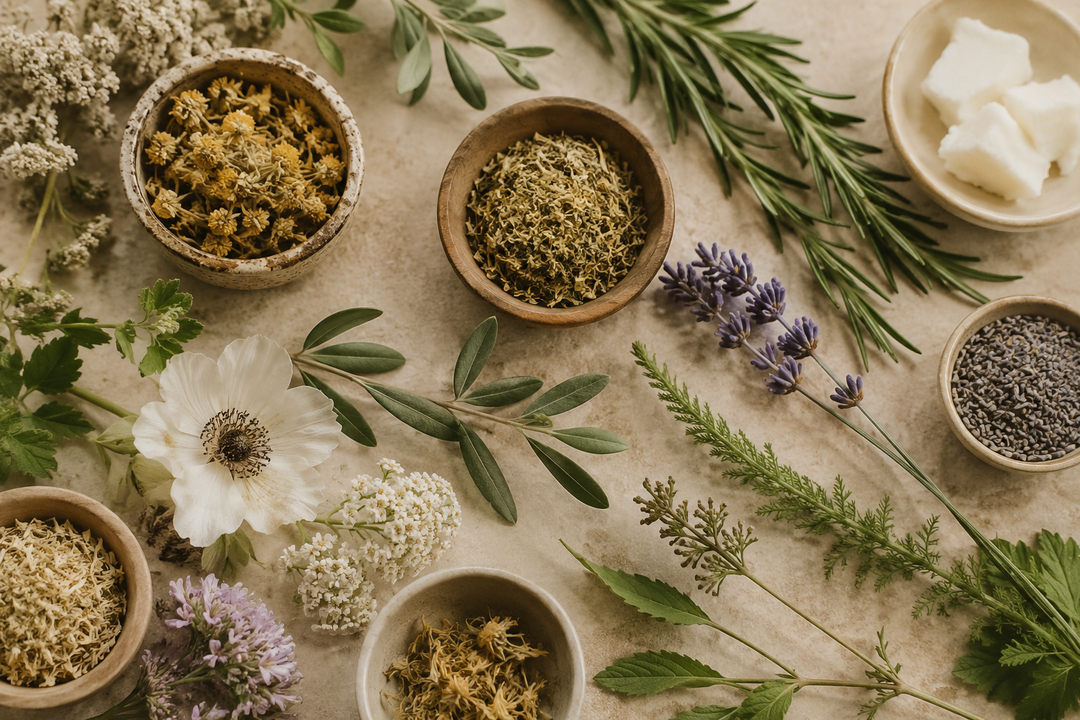 Herbs and flowers arranged on a textured surface with small bowls containing dried herbs.